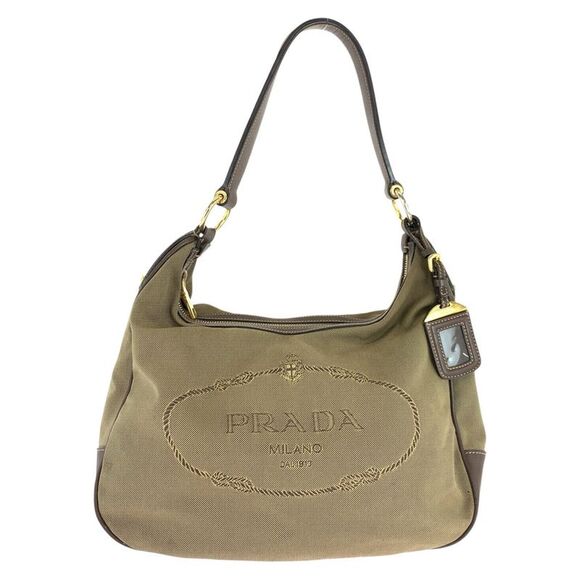 Prada Canvas Leather Logo Jacquard Hobo Bag - Picture 1 of 10